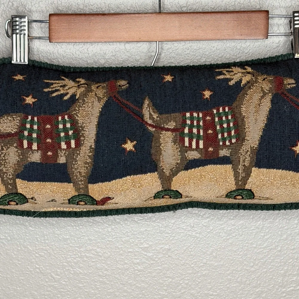 VTG Christmas Reindeer Tapestry Lumbar Pillow 29x8 Cabin Lodge Holiday Decor‎